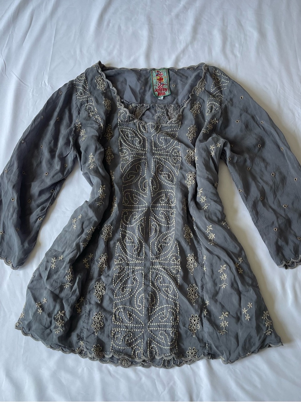 Johnny Was Gray Embroidered Boho Blouse